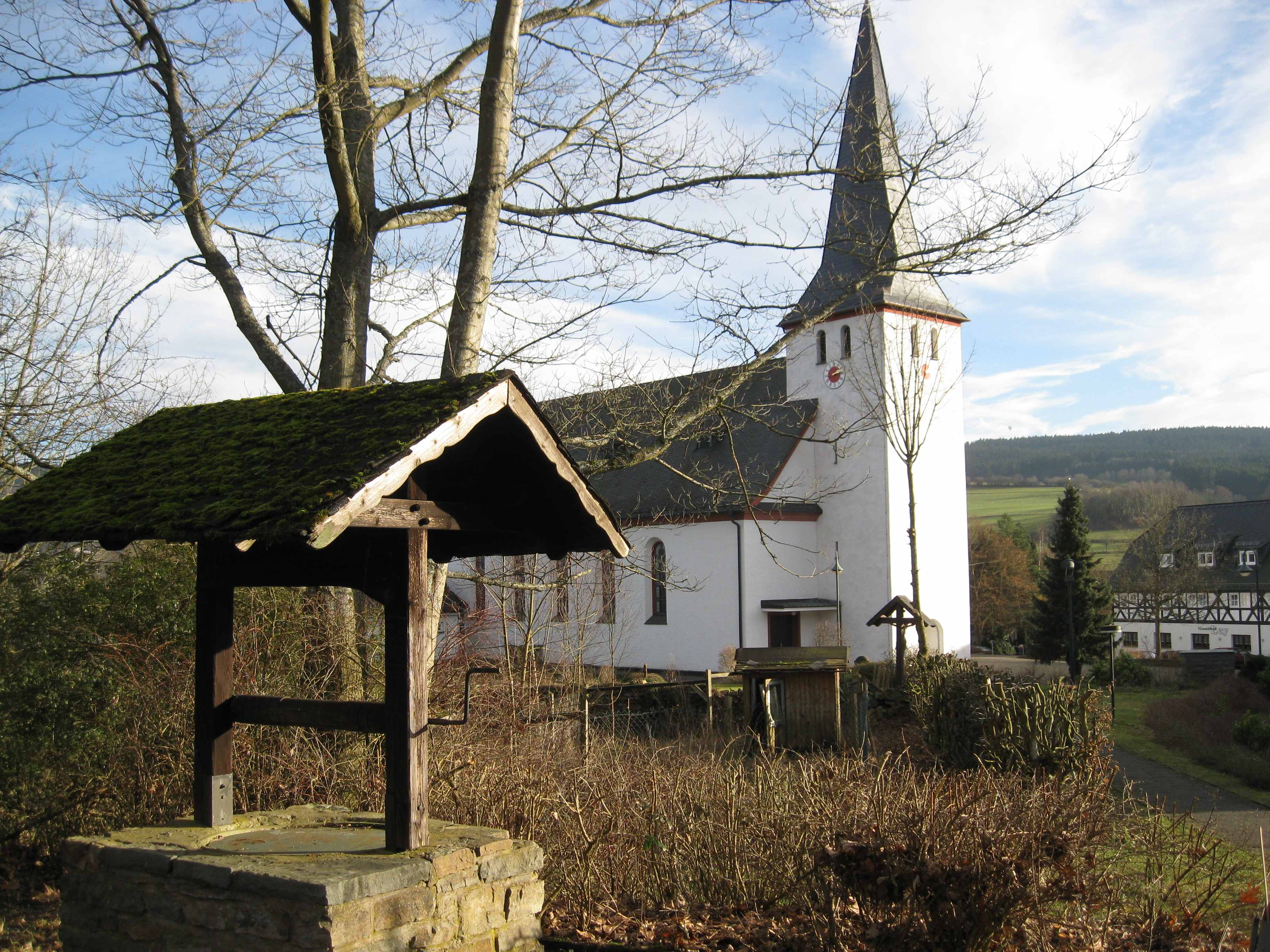 Ein klarer Wintertag im Siegerland – Freier Blick nach Schnitt- und Pflegearbeiten auf die Pfarrkirche
